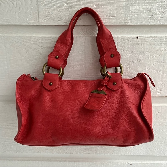 Talbots Coral Red Pebbled Leather Shoulder Barrel Hobo Modern Medium Purse Bag - Picture 1 of 11